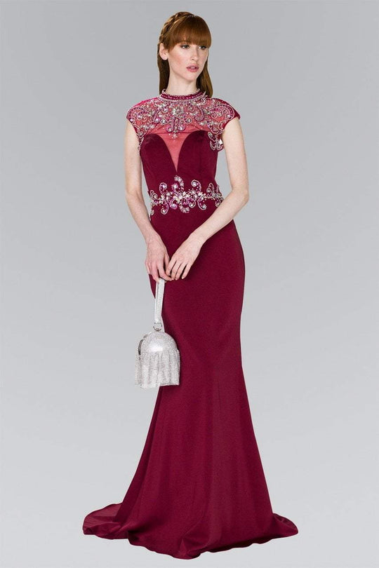 GL2426 Cap Sleeve Bejeweled High Neck Trumpet Gown