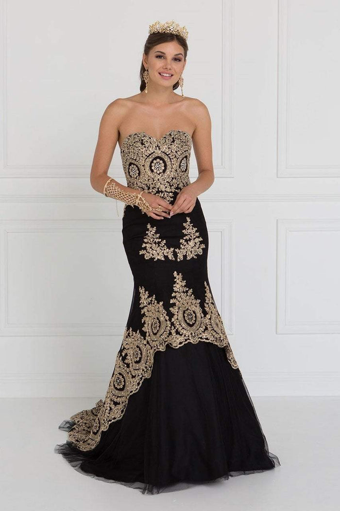 GL2428 Strapless Bejeweled Lace Bodice Trumpet Gown