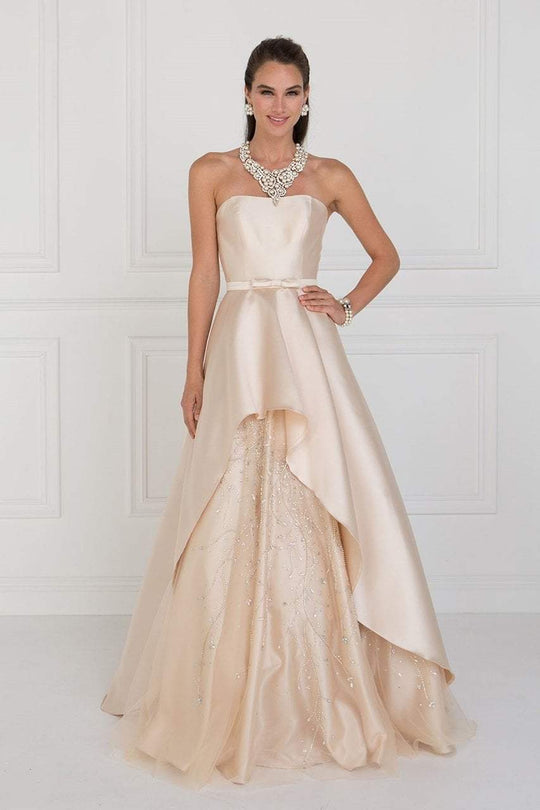 GL2429 Strapless Straight-Across Jeweled Mikado Gown