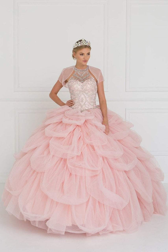 GL2430 Illusion High Halter Cascading Petal Tulle Ballgown