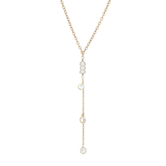 Bridal Yellow Gold, Pearl, and CZ Y-drop Necklace