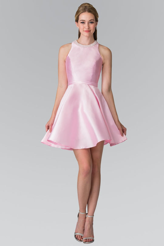 Jeweled Collar High Neck Charmeuse Dress GS1441