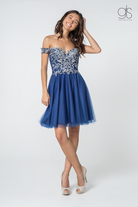 Elizabeth K - GS2862 Embroidered Off-Shoulder A-Line Dress In Blue and Silver