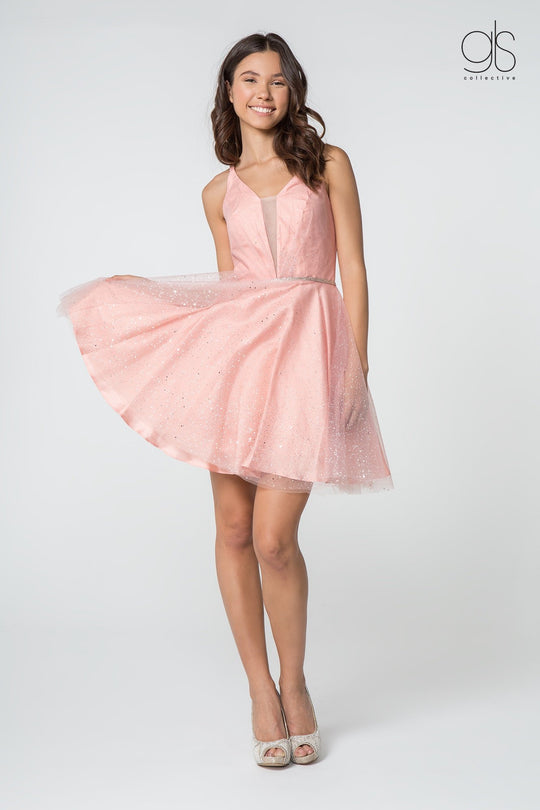 Elizabeth K - GS2865 Glitter Overlaid Plunging Bodice Short Dress In Pink