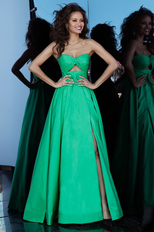 Jovani - 67646 Strapless Pleated Bow Accent Bodice Prom Dress  In Green