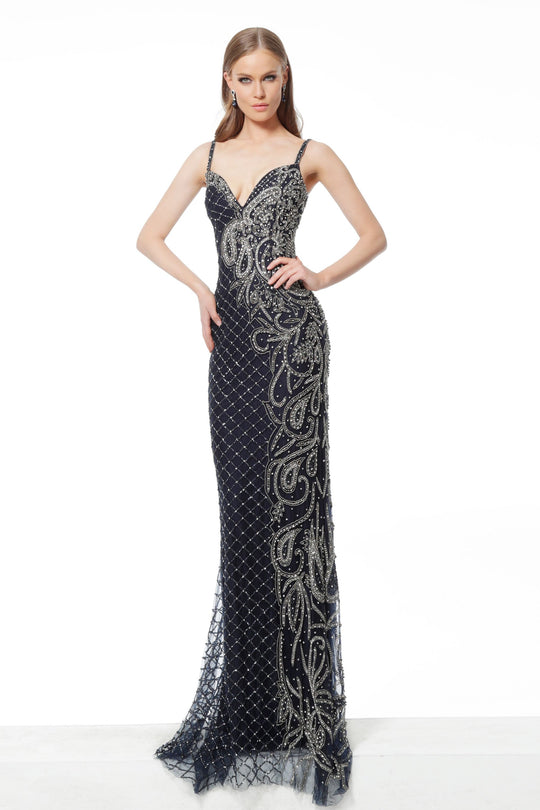 Jovani - 54694 Beaded Plunging V-neck Sheath Dress In Blue and Gray