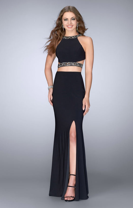 GiGi - Beaded Detail Strappy Two-Piece Long Jersey Prom Gown 24414 In Black