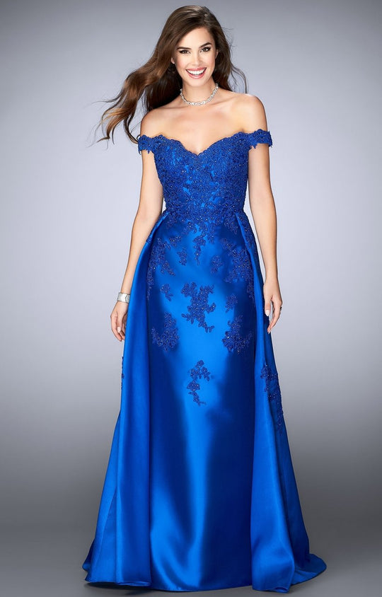 GiGi - Elegant Off-shoulder Sweetheart Laced and Beaded Dress 24647 in Blue