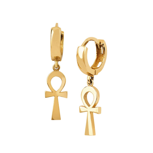 Logan Hollowell - NEW! Solid Eternal Ankh Cross Hoop Earrings in Yellow Gold