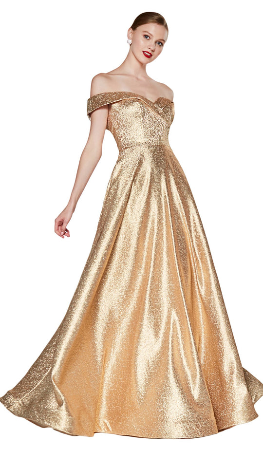 Cinderella Divine - CJ268 Glitter Off-Shoulder Ballgown With Pockets In Gold