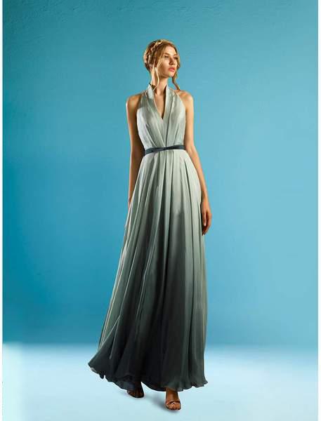 Gatti Nolli Couture - ED-4443 Deep Halter Style Ombre Gown In Blue