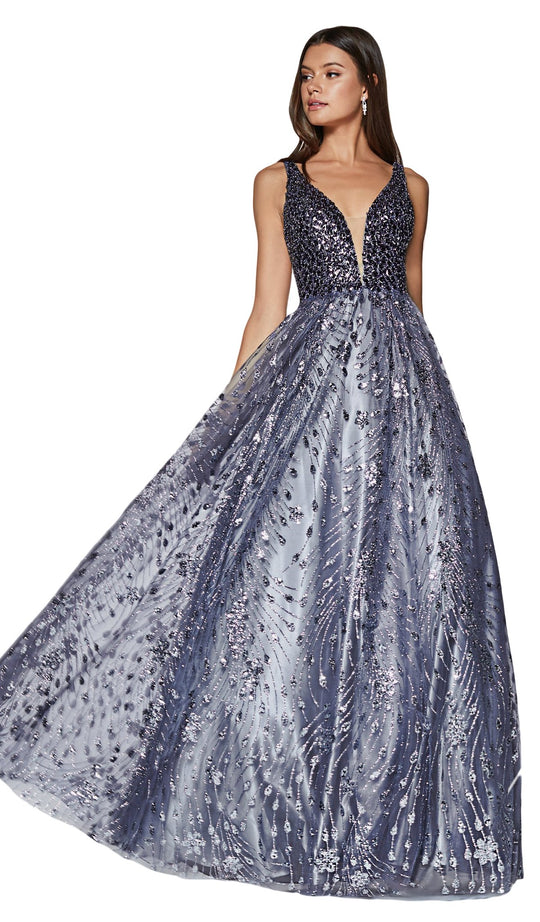 Cinderella Divine - CM9010 Glitter Plunging V-Neck Gown In Gray
