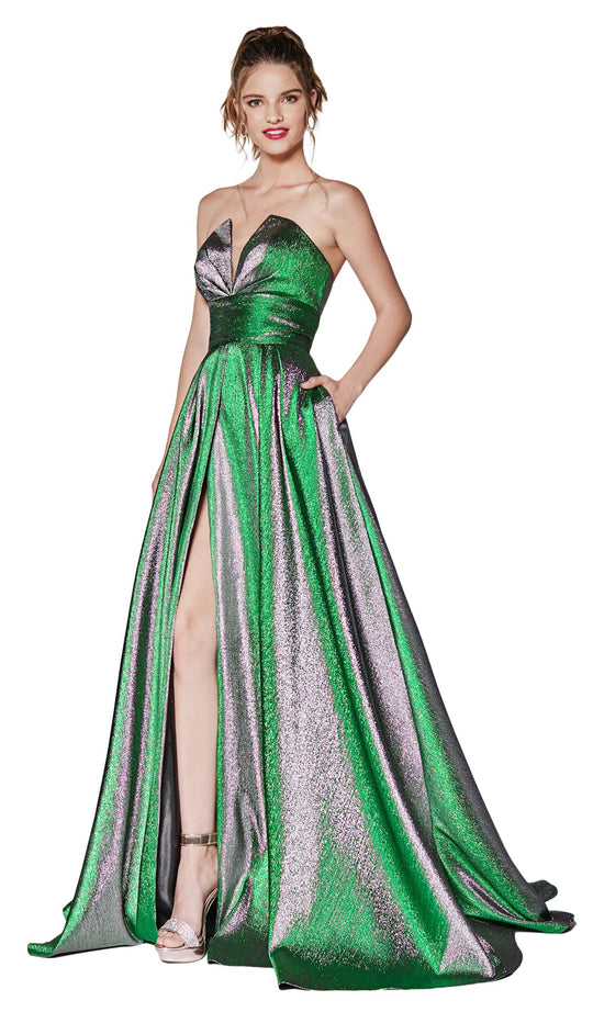 Cinderella Divine - CJ519 Strapless Empire Metallic High Slit Gown In Green