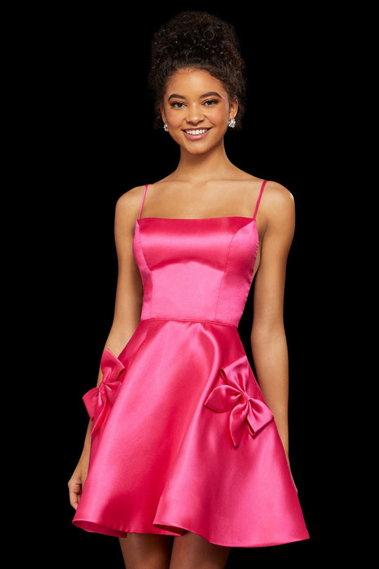 Sherri Hill - 53105 Straight Across Neck Satin Short A-line Dress In Pink