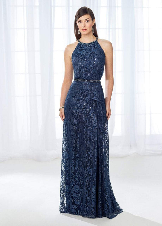 Cameron Blake - 118678 Halter Beaded Metallic Lace Evening Gown In Blue