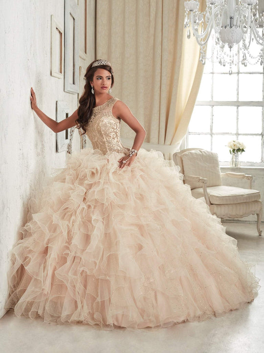 Quinceanera Collection - 26835 Beaded Illusion Bateau Ruffle Ballgown