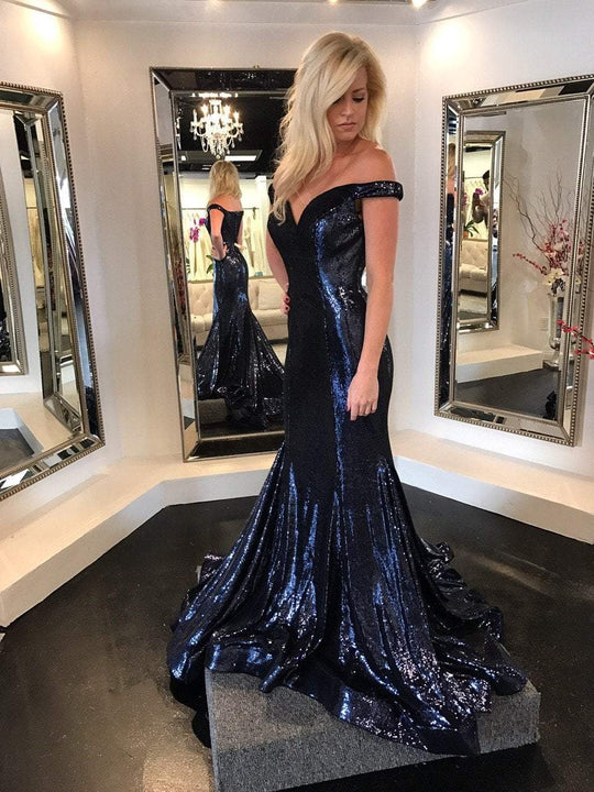 45904 Off The Shoulder Sequined Evening Gown