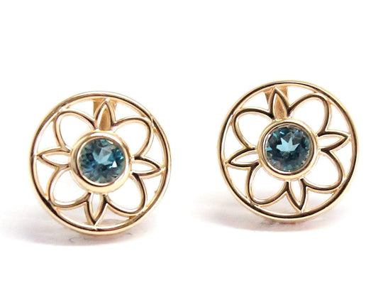 Rachael Ryen -  14k Gold London Blue Topaz Round Vintage Style Earrings