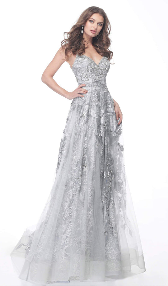 Jovani - 62405 Embroidered Plunging V-neck A-line Gown In Silver
