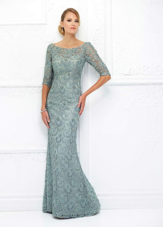 Ivonne D for Mon Cheri Quarter Sleeve Beaded Lace Sheath Gown In Green