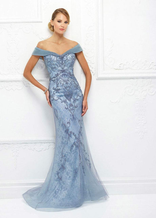 Ivonne D for Mon Cheri - 118D08 Beaded Lace Dress With Tulle Overlay In Blue