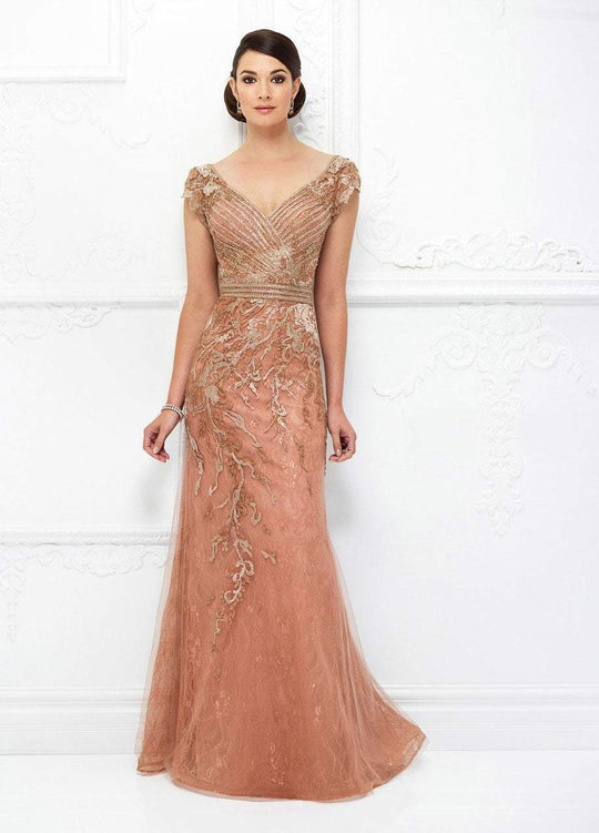 Ivonne D for Mon Cheri - 118D13 Lace Embroidered Wide V-neck Dress In Orange and Multi-Color