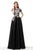 Jovani - 66418 Floral Bodice Short Sleeve A-line Dress In Black and Multi