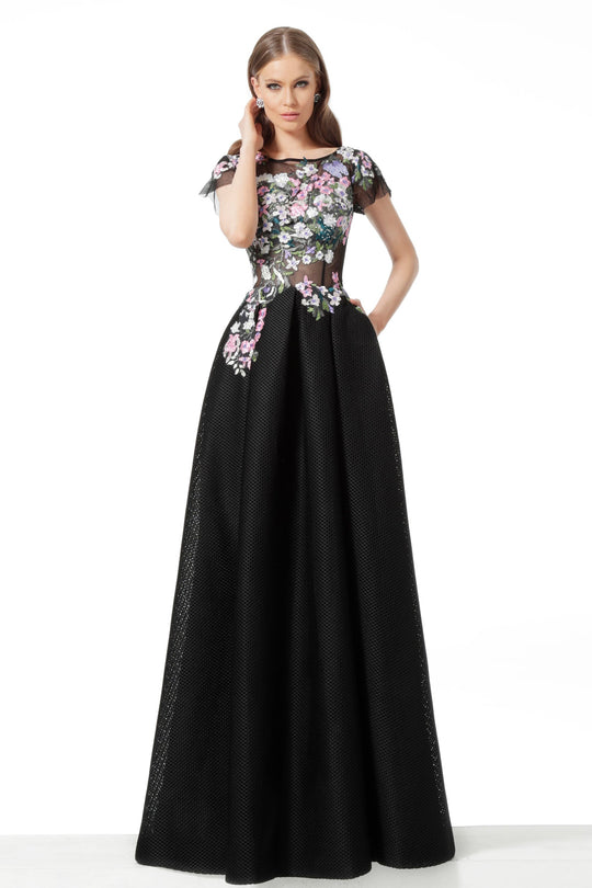 Jovani - 66418 Floral Bodice Short Sleeve A-line Dress In Black and Multi