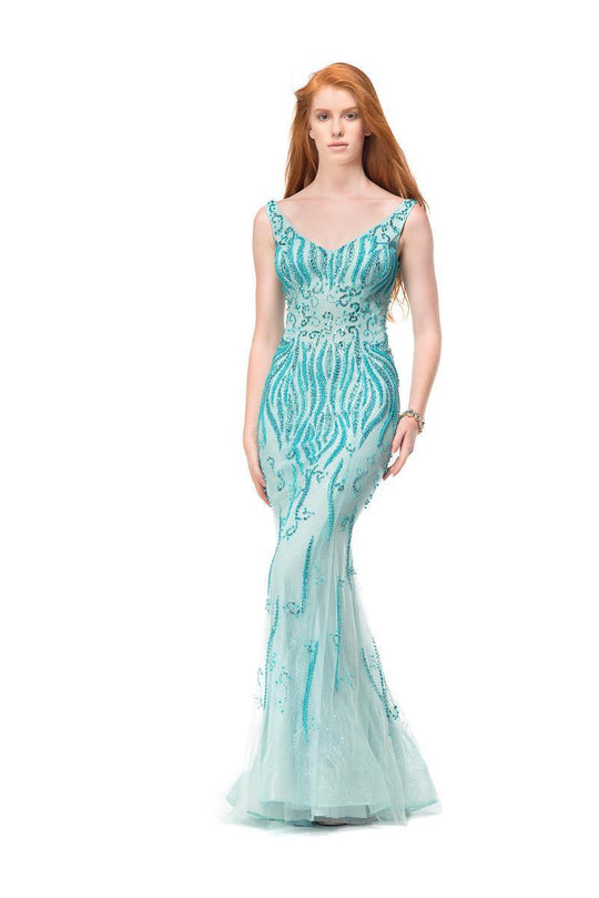 Colors Couture - J003 Lace V-neck Sheath Dress In-Blue