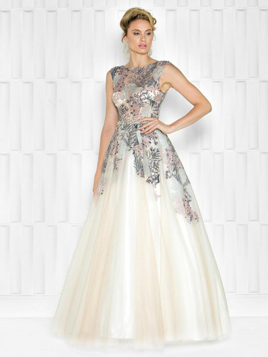 Colors Couture - J034 Embellished Illusion Bateau Ballgown in Neutral and Multi-Color