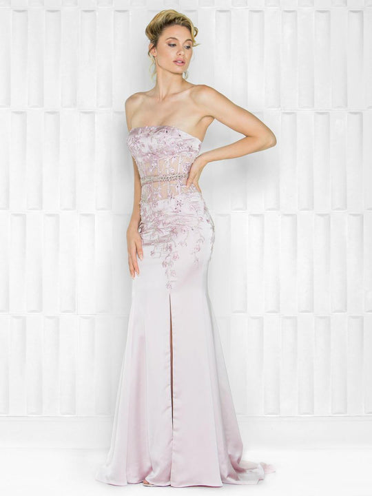 Colors Couture - J036 Strapless Floral Mermaid Gown with Slit in Purple