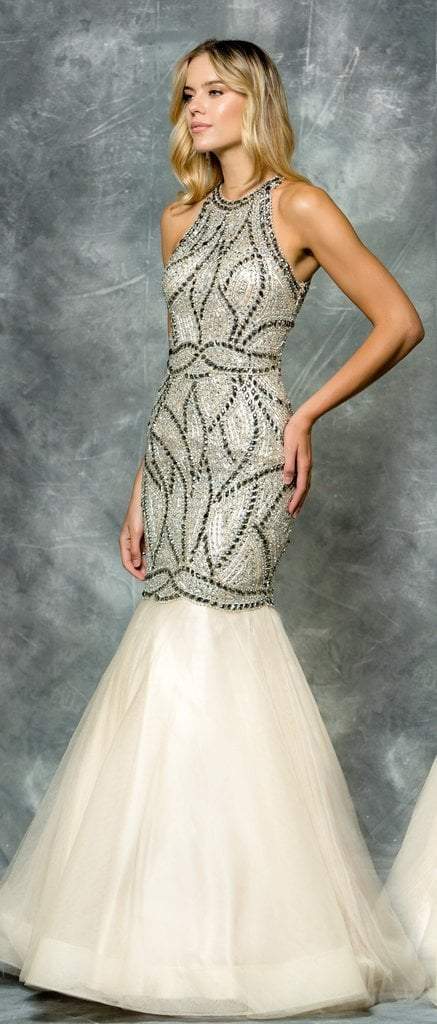 Colors Couture - J040 Glimmer Embellished Mermaid Evening Dress in Neutral