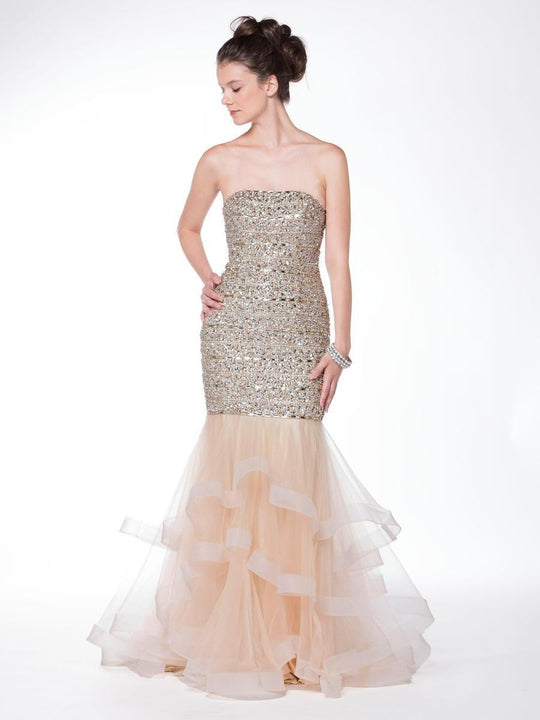 Colors Couture - J042 Embellished Straight Ruffled Mermaid Gown in Neutral