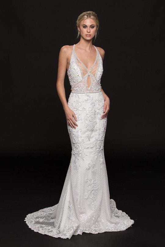 Colors Couture - J056 Halter Neck Embellished Fitted Gown In White