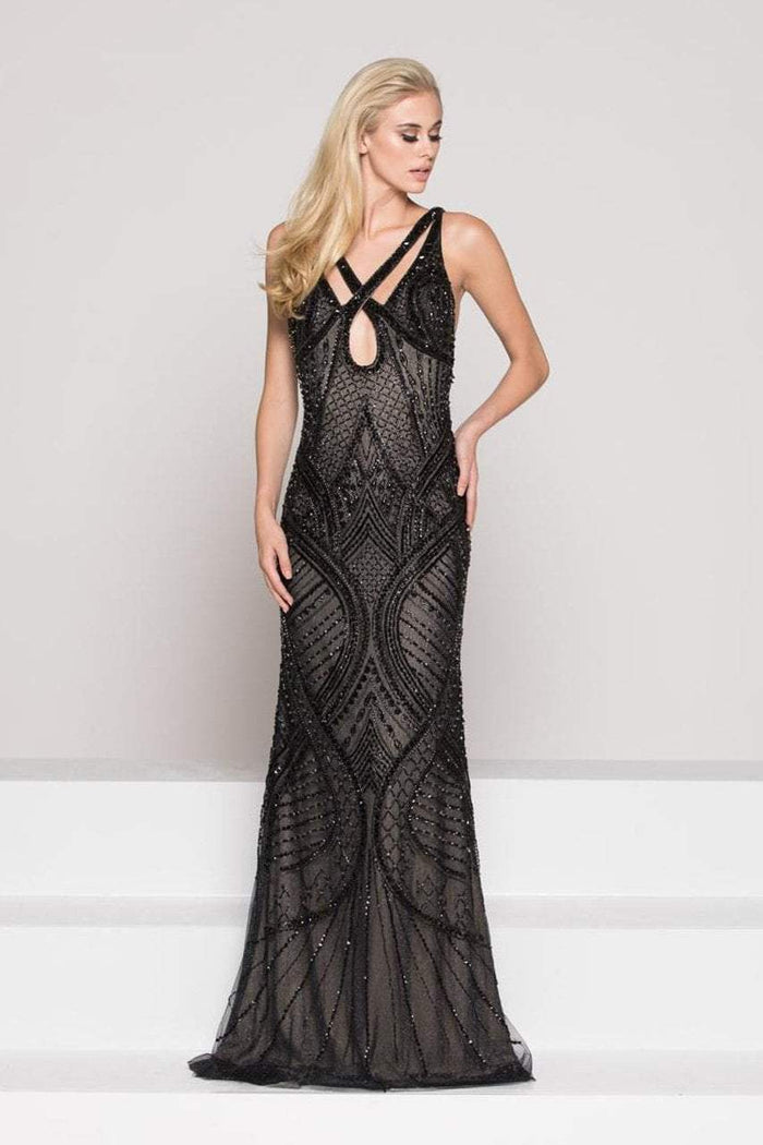 Colors Couture - J062 Sleeveless Beaded Lace Evening Gown In Black and Neutral
