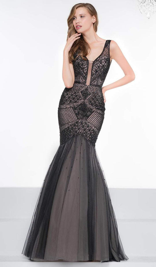 Colors Couture - J072 Embellished Deep V-neck Trumpet Dress