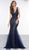 Colors Couture - J079 Embellished Lace V-neck Trumpet Dress In Blue and Neutral