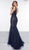 Colors Couture - J079 Embellished Lace V-neck Trumpet Dress In Blue and Neutral