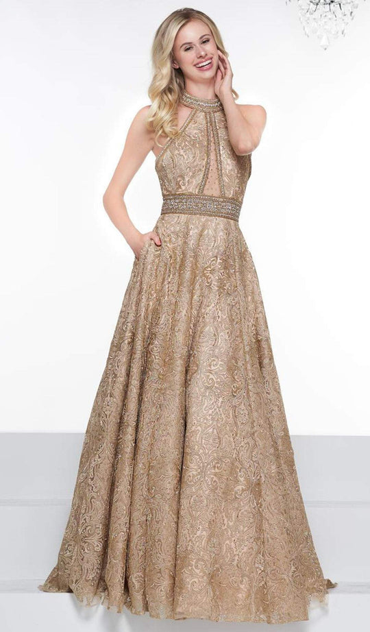 Colors Couture - J080 Beaded Lace High Halter A-line Dress In Gold