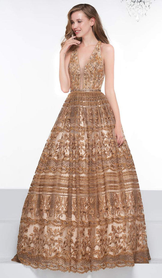 Colors Couture - J082 Embellished Lace Deep V-neck Ballgown In Gold