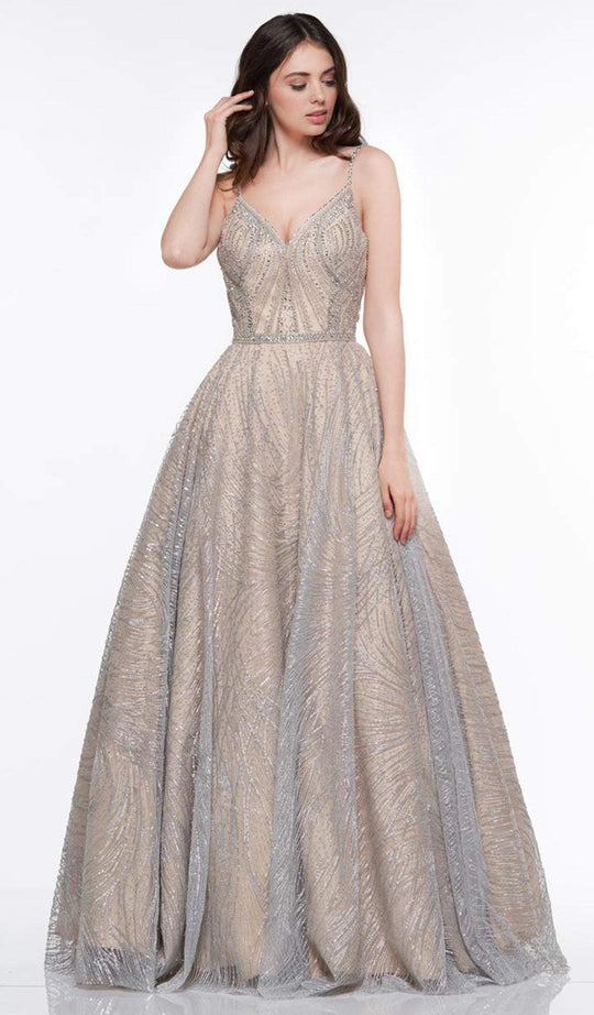 Colors Couture - J089 Sequined Plunging V-neck Ballgown In Silver and Neutral