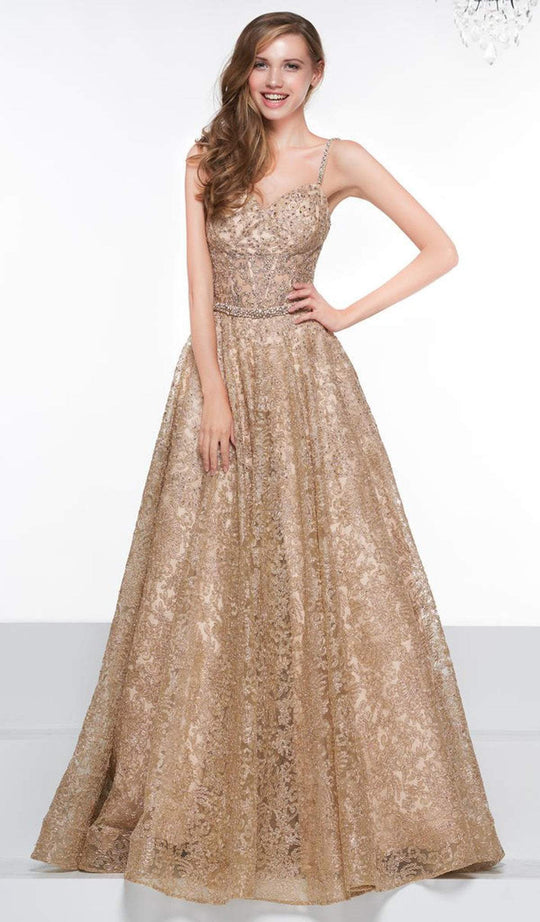 Colors Couture - J095 Embellished Lace Sweetheart A-line Dress In Gold