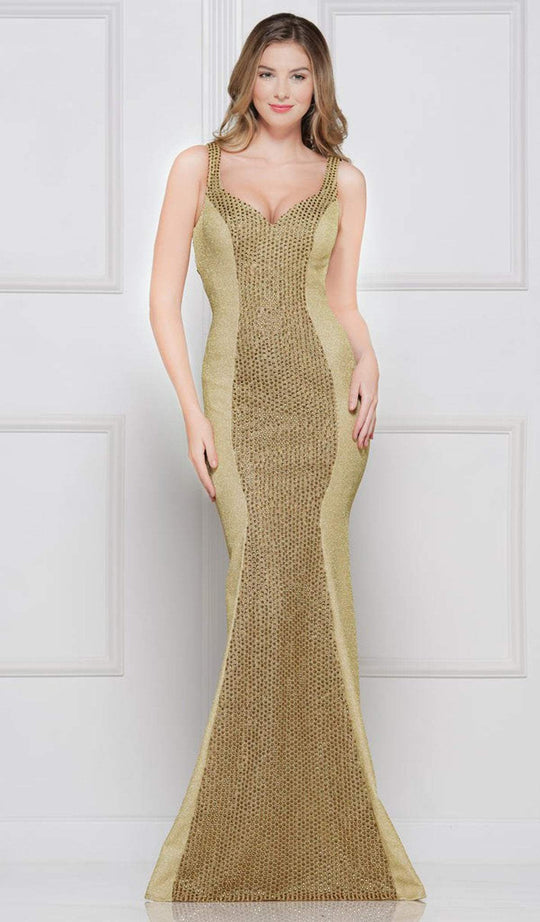 Colors Couture - J103 Beaded Plunging V-neck Jersey Trumpet Dress In Gold