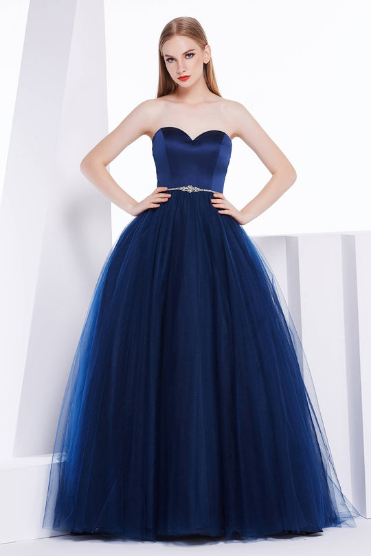 Jadore - J14004 Embellished Plunging V-neck Mikado A-line Dress In Blue