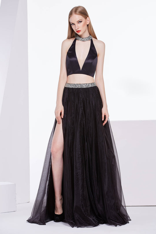 Jadore - J14009 Embellished Plunging V-neck Mikado A-line Dress In Black