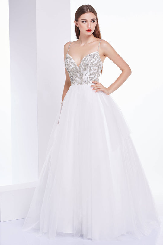 Jadore - J14011 Embellished Plunging V-neck Mikado A-line Dress In White