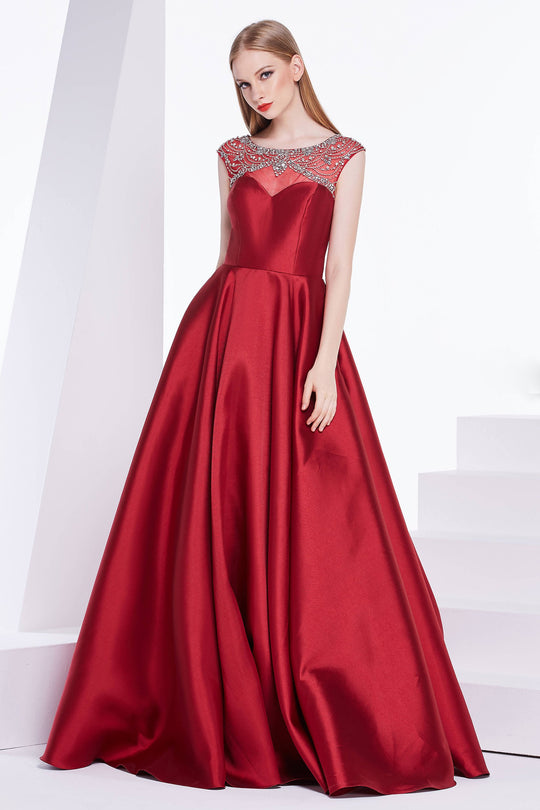 Jadore - J14017 Embellished Plunging V-neck Mikado A-line Dress In Red