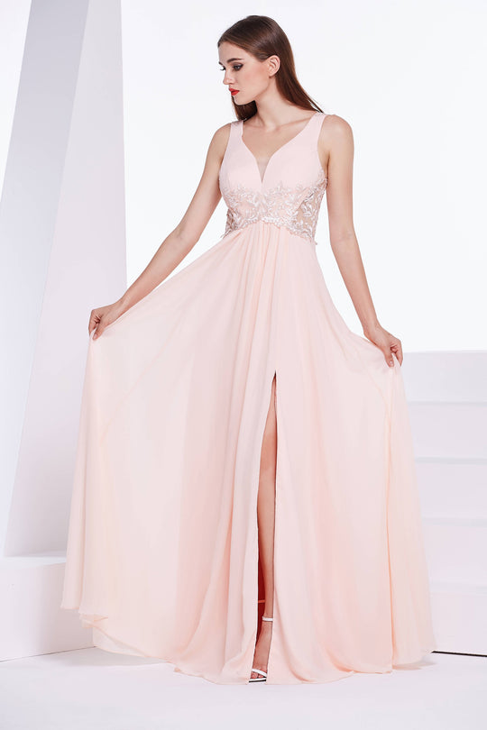 Jadore - J14018 Embellished Plunging V-neck Mikado A-line Dress In Pink