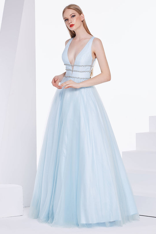 Jadore - J14022 Embellished Plunging V-neck Mikado A-line Dress In Blue