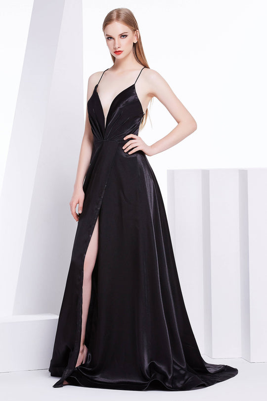 Jadore - J14027 Embellished Plunging V-neck Mikado A-line Dress In Black